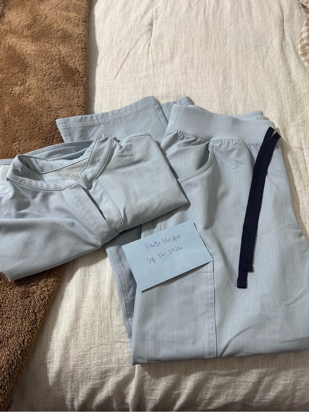 Figs Light Blue Straight Leg Scrub Pants with Navy Drawstring